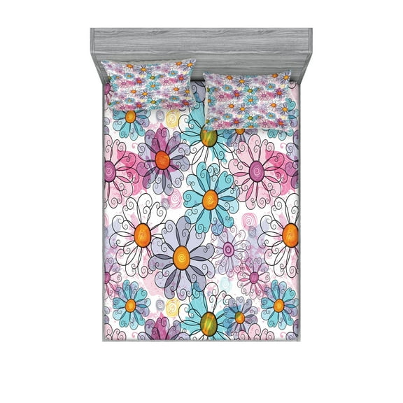 Ambesonne Colorful Fitted Sheet & Pillow Sham Set, Retro Spring Grunge, Queen, Multicolor