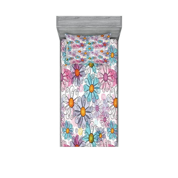 Ambesonne Colorful Fitted Sheet & Pillow Sham Set, Retro Spring Grunge, Twin, Multicolor