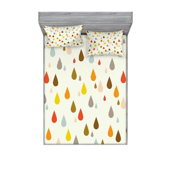 Ambesonne Colorful Fitted Sheet & Pillow Sham Set, Retro Water Drops Rain, Queen, Multicolor
