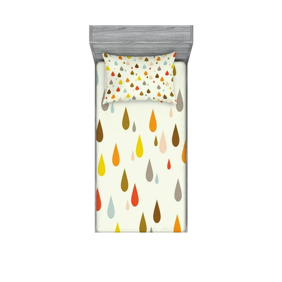 Ambesonne Colorful Fitted Sheet & Pillow Sham Set, Retro Water Drops Rain, Twin, Multicolor