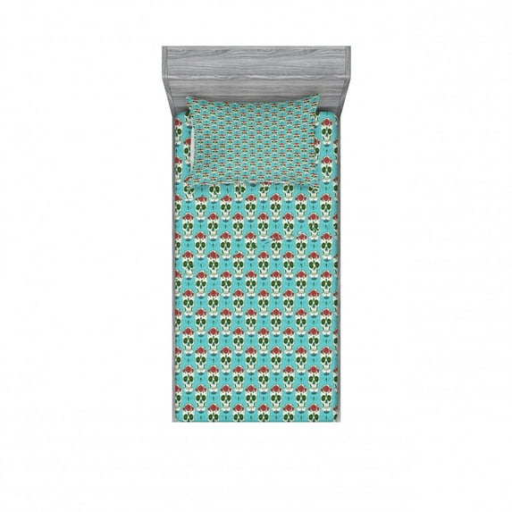 Ambesonne Colorful Fitted Sheet & Pillow Sham Set, Roses on Skull Pattern, Twinxl, Seafoam Green and Ruby