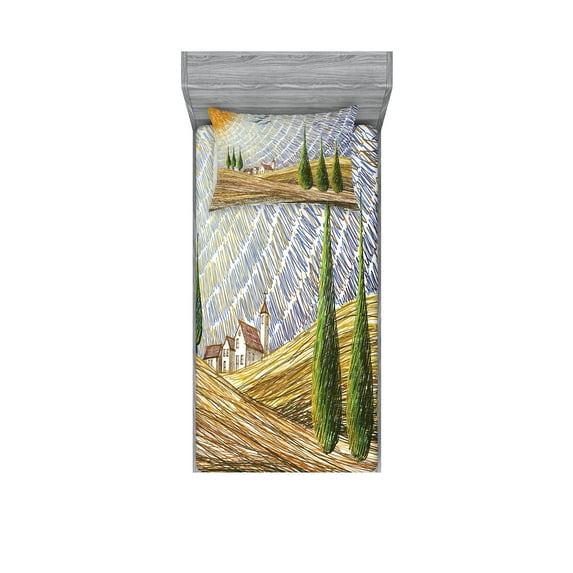 Ambesonne Colorful Fitted Sheet & Pillow Sham Set, Rural Fields Europe, Twinxl, Multicolor