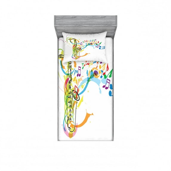 Ambesonne Colorful Fitted Sheet & Pillow Sham Set, Saxophone Wavy Notes, Twin, Multicolor