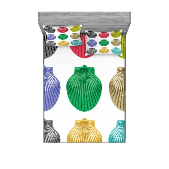 Ambesonne Colorful Fitted Sheet & Pillow Sham Set, Seashells Composition, Queen, Multicolor