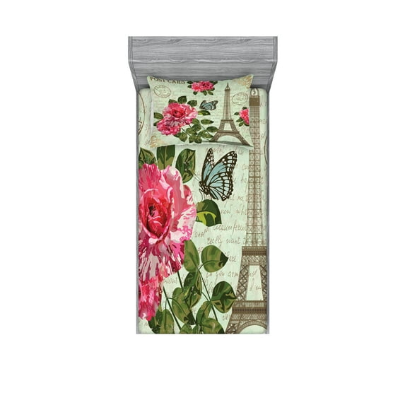 Ambesonne Colorful Fitted Sheet & Pillow Sham Set, Shabby Plant Roses Leaf, Twin, Multicolor