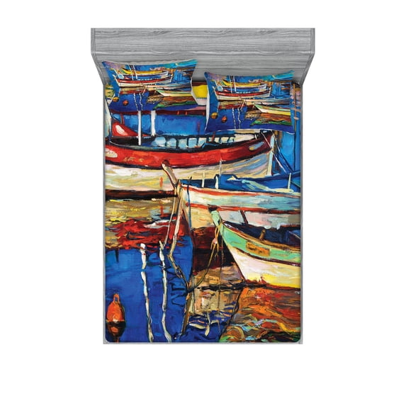 Ambesonne Colorful Fitted Sheet & Pillow Sham Set, Shore at Warm Sunset, Queen, Multicolor