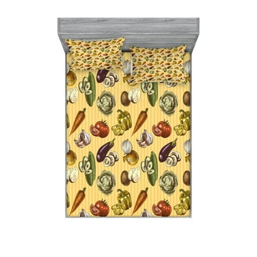Ambesonne Colorful Fitted Sheet & Pillow Sham Set, Sketchy Vegetables, Queen, Multicolor