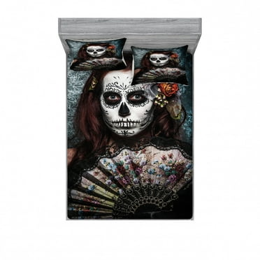 Ambesonne Colorful Fitted Sheet & Pillow Sham Set, Skull Scary, Full, Cadet Blue Maroon