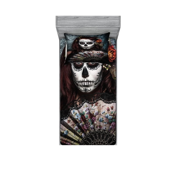 Ambesonne Colorful Fitted Sheet & Pillow Sham Set, Skull Scary, Twinxl, Cadet Blue Maroon