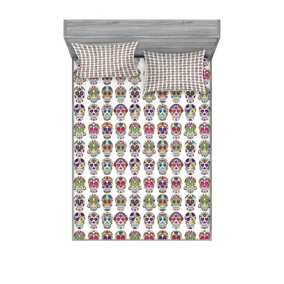 Ambesonne Colorful Fitted Sheet & Pillow Sham Set, Skulls with Flowers, Full, Multicolor