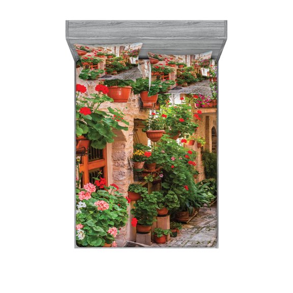 Ambesonne Colorful Fitted Sheet & Pillow Sham Set, Small Medieval Town, Full, Multicolor