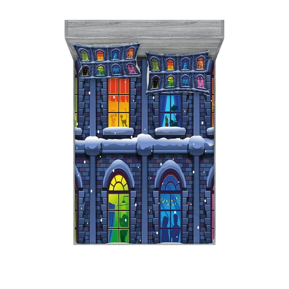 Ambesonne Colorful Fitted Sheet & Pillow Sham Set, Snowy Winter Night, Queen, Multicolor