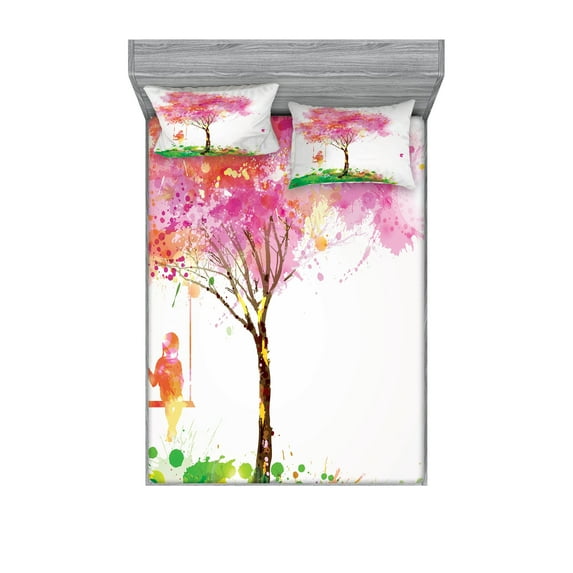 Ambesonne Colorful Fitted Sheet & Pillow Sham Set, Spring Blossoming Tree, Queen, Multicolor