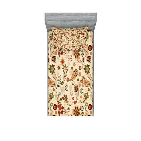 Ambesonne Colorful Fitted Sheet & Pillow Sham Set, Spring Motif Paisley, Twinxl, Multicolor