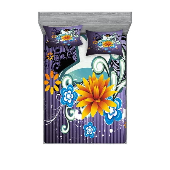 Ambesonne Colorful Fitted Sheet & Pillow Sham Set, Stars Flowers Swirls, Full, Multicolor