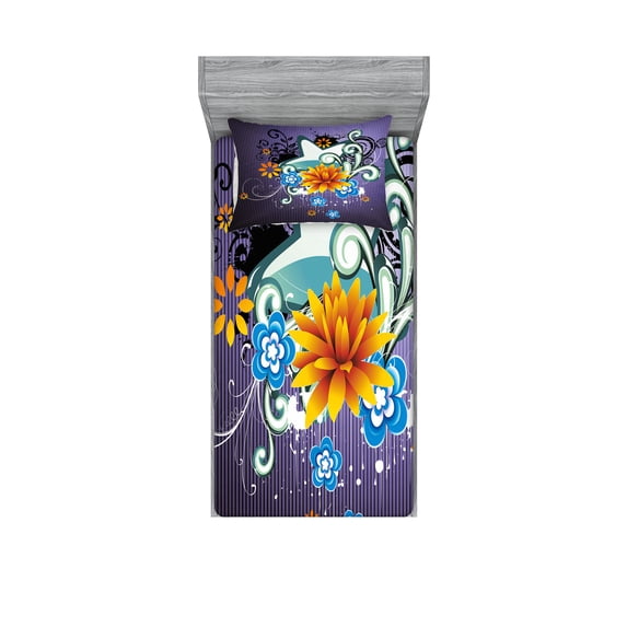 Ambesonne Colorful Fitted Sheet & Pillow Sham Set, Stars Flowers Swirls, Twinxl, Multicolor