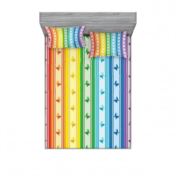 Ambesonne Colorful Fitted Sheet & Pillow Sham Set, Stripe Rainbow Pattern, Full, Multicolor