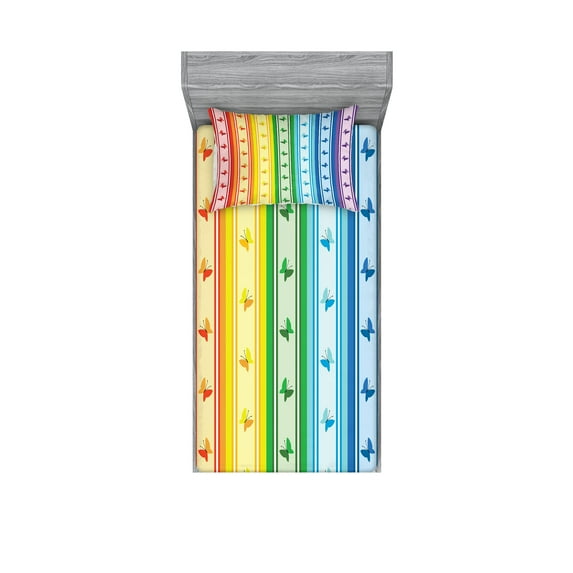 Ambesonne Colorful Fitted Sheet & Pillow Sham Set, Stripe Rainbow Pattern, Twinxl, Multicolor