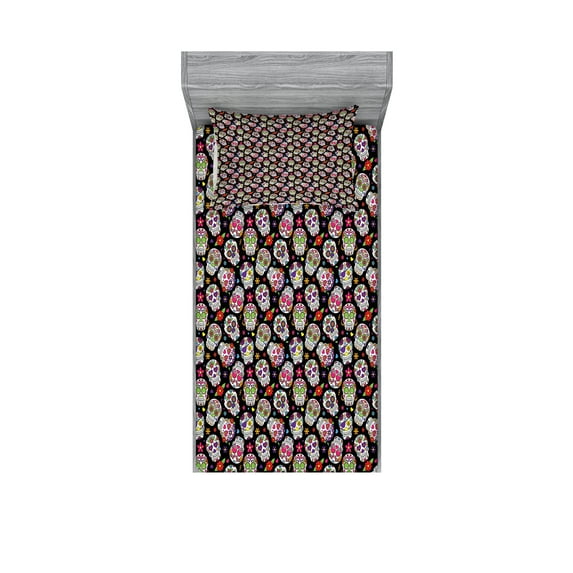 Ambesonne Colorful Fitted Sheet & Pillow Sham Set, Sugar Skulls Flowers, Twinxl, Multicolor