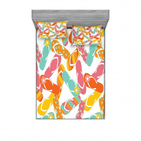 Ambesonne Colorful Fitted Sheet & Pillow Sham Set, Summer Holiday Sandals, Full, Multicolor