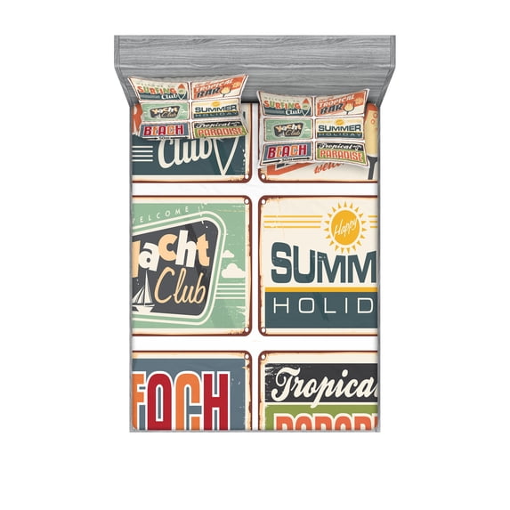 Ambesonne Colorful Fitted Sheet & Pillow Sham Set, Summer Holiday Vintage, Queen, Multicolor