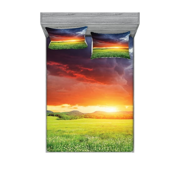 Ambesonne Colorful Fitted Sheet & Pillow Sham Set, Sunset Modern View, Queen, Multicolor
