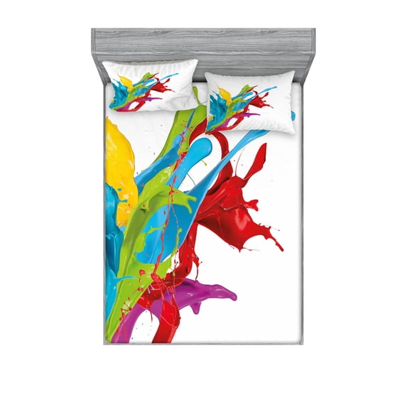 Ambesonne Colorful Fitted Sheet & Pillow Sham Set, Surreal Digital Paint, Queen, Multicolor