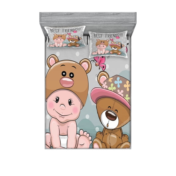 Ambesonne Colorful Fitted Sheet & Pillow Sham Set, Teddy Bear Butterflies, Full, Multicolor