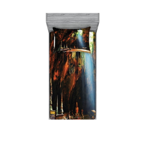 Ambesonne Colorful Fitted Sheet & Pillow Sham Set, Tham Khao Luang Cave, Twin, Multicolor