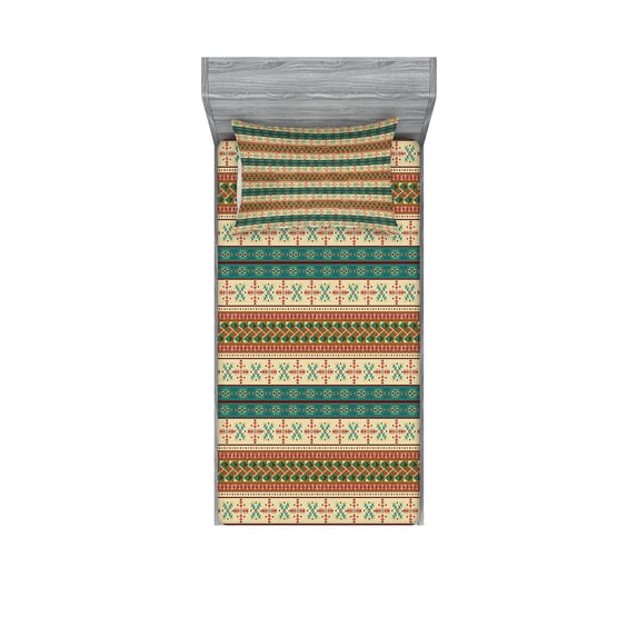 Ambesonne Colorful Fitted Sheet & Pillow Sham Set, Tile, Twin, Coral Teal Beige