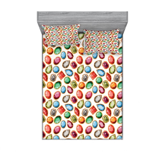 Ambesonne Colorful Fitted Sheet & Pillow Sham Set, Topaz Diamonds Art, Full, Multicolor