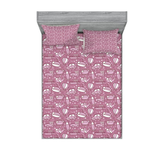Ambesonne Colorful Fitted Sheet & Pillow Sham Set, Transportation Elements, Full, Dried Rose Pale Pink