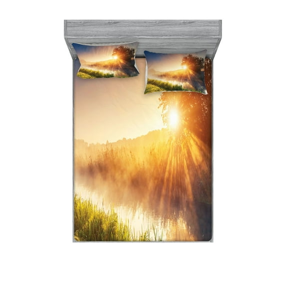 Ambesonne Colorful Fitted Sheet & Pillow Sham Set, Tree Ukraine Rural, Queen, Multicolor