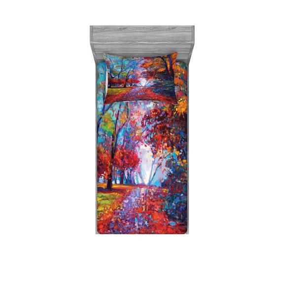 Ambesonne Colorful Fitted Sheet & Pillow Sham Set, Trees Park Fall Autumn, Twinxl, Multicolor