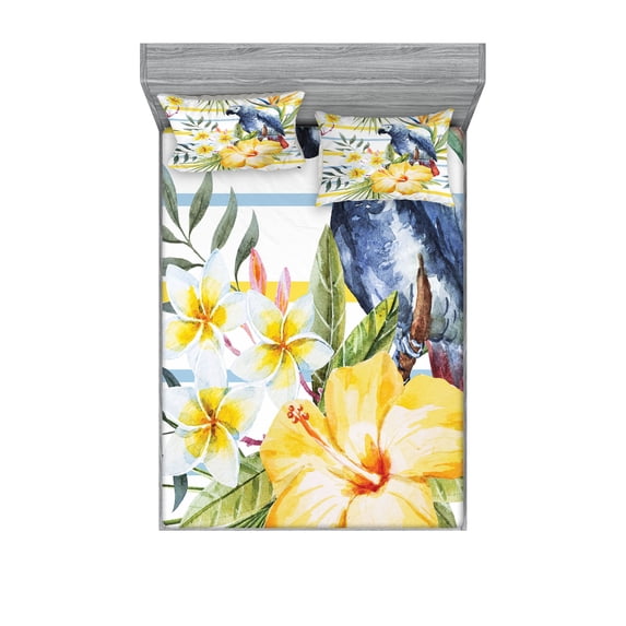 Ambesonne Colorful Fitted Sheet & Pillow Sham Set, Tropic Exotic Parrots, Queen, Multicolor