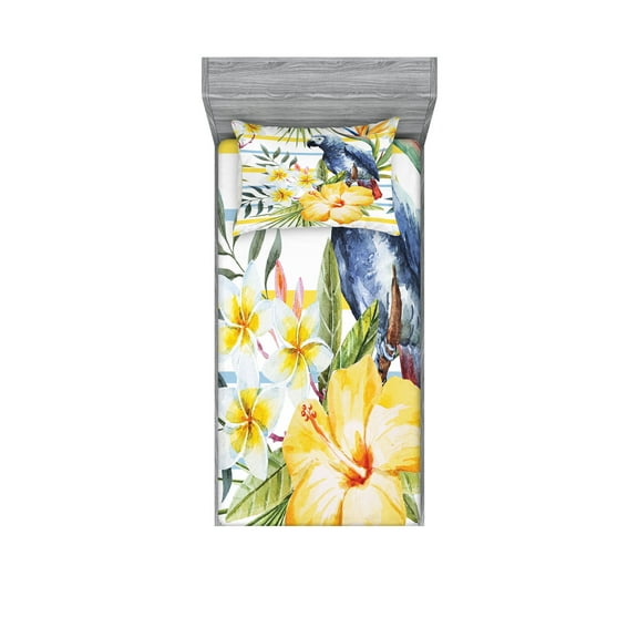 Ambesonne Colorful Fitted Sheet & Pillow Sham Set, Tropic Exotic Parrots, Twin, Multicolor