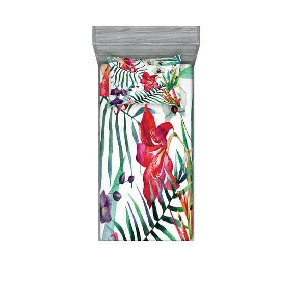 Ambesonne Colorful Fitted Sheet & Pillow Sham Set, Tropical Orchids, Twinxl, Multicolor