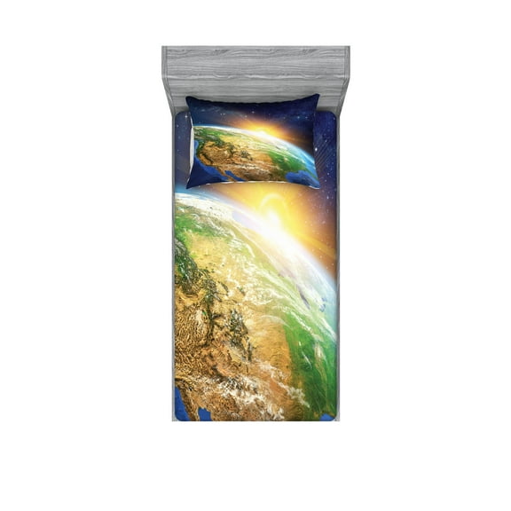 Ambesonne Colorful Fitted Sheet & Pillow Sham Set, View of Sunrise Planet, Twinxl, Multicolor
