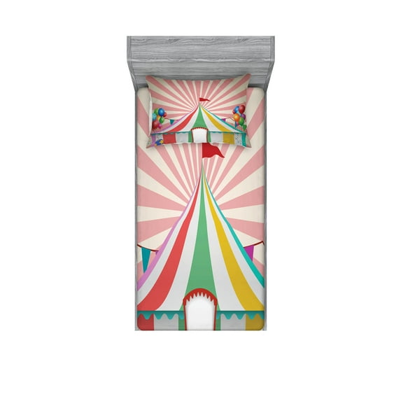 Ambesonne Colorful Fitted Sheet & Pillow Sham Set, Vintage Circus Balloons, Twinxl, Multicolor