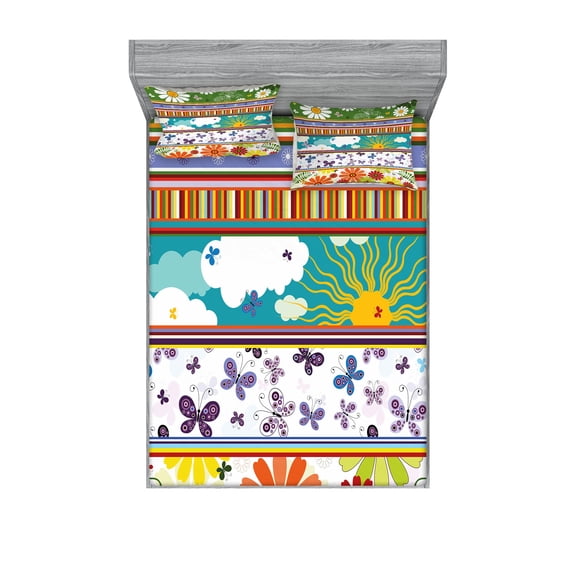 Ambesonne Colorful Fitted Sheet & Pillow Sham Set, Vivid Daisies Sun, Full, Multicolor