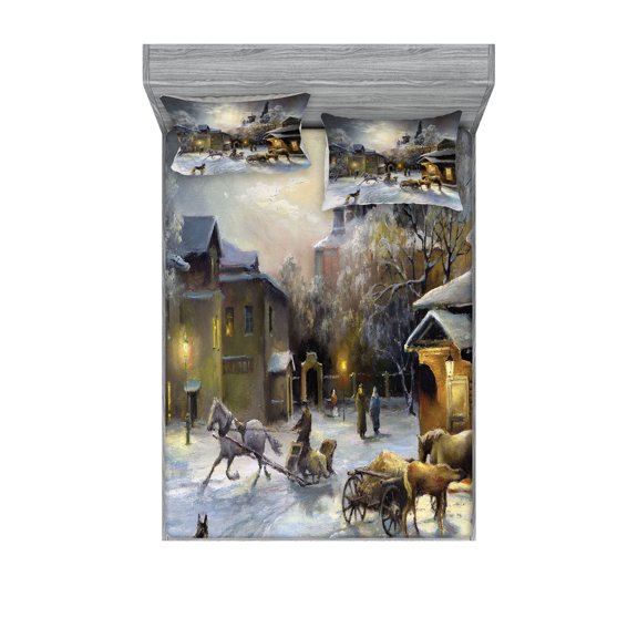 Ambesonne Colorful Fitted Sheet & Pillow Sham Set, Winter Rural Landscape, Calking, Multicolor