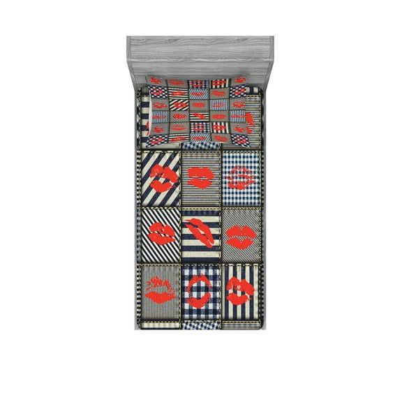 Ambesonne Colorful Fitted Sheet & Pillow Sham Set, Woman Kisses Lipstick Art, Twin, Black and Red