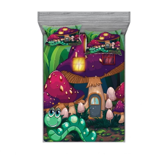 Ambesonne Colorful Fitted Sheet & Pillow Sham Set, Worm Mushroom House, Queen, Multicolor