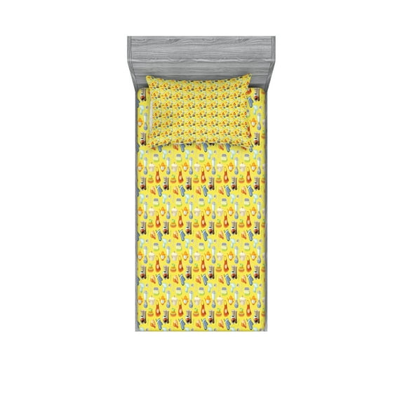 Ambesonne Colorful Fitted Sheet & Pillow Sham Set, Yellow Kitchenware, Twin, Multicolor