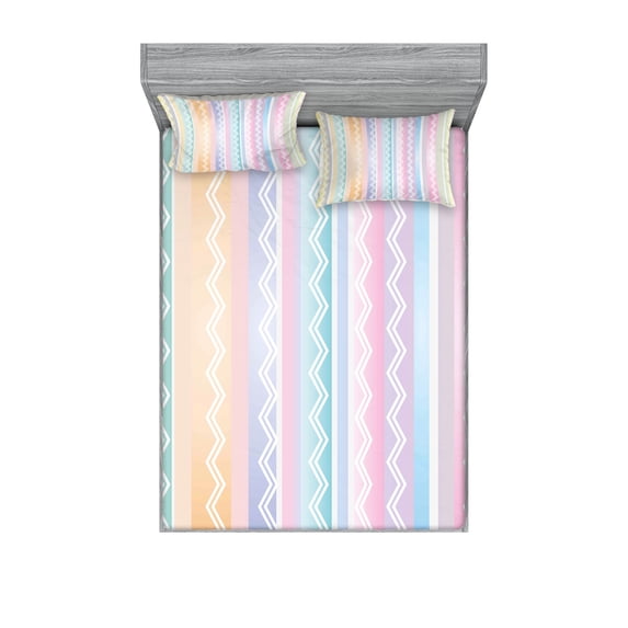 Ambesonne Colorful Fitted Sheet & Pillow Sham Set, Zigzag Modern, Queen, Multicolor