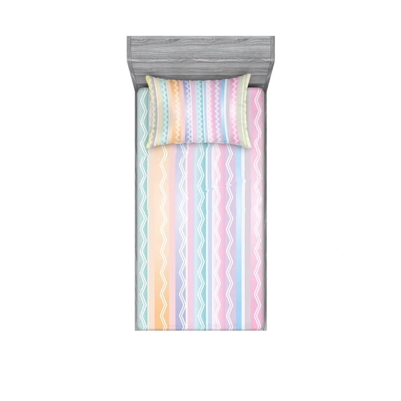 Ambesonne Colorful Fitted Sheet & Pillow Sham Set, Zigzag Modern, Twinxl, Multicolor