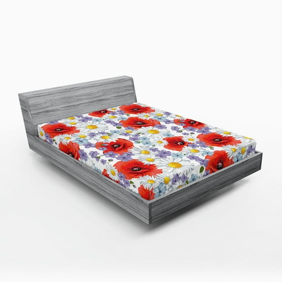 Ambesonne Colorful Fitted Sheet, Poppy and Daisy Flower, Full Size, Lavender Scarlet