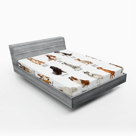 Ambesonne Colorful Fitted Sheet, Puppy Breeds Family, Queen Size, Multicolor