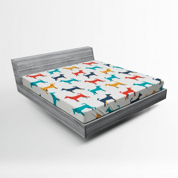 Ambesonne Colorful Fitted Sheet, Retro Dog, Queen Size, Grey Red Teal