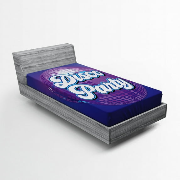 Ambesonne Colorful Fitted Sheet, Retro Letter Disco Ball, Twin XL Size, Purple Blue White